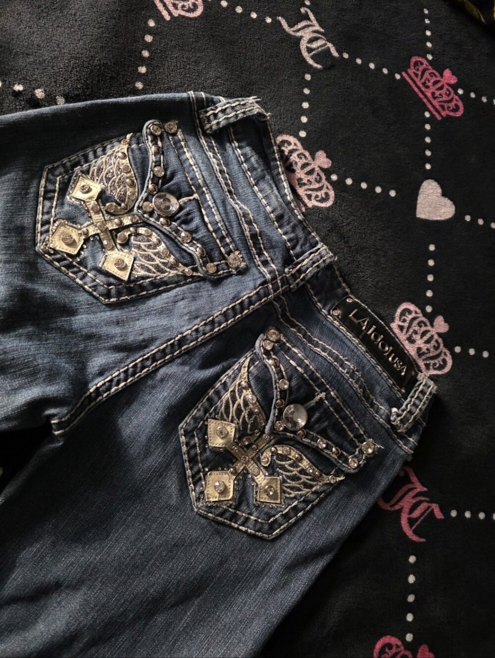 Angel Wing Cross Bedazzle Jeans L.A.Idol